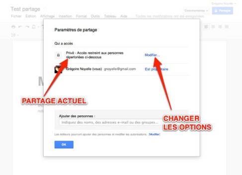 capture du lien: Modifier les options de partage