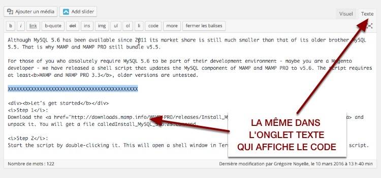 Ligne de X dans la l'onglet Texte de l'éditeur WordPress