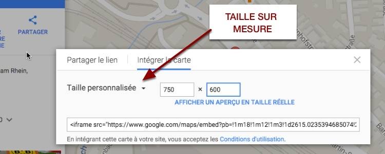 Taille personnalisée et iframe dans Google map