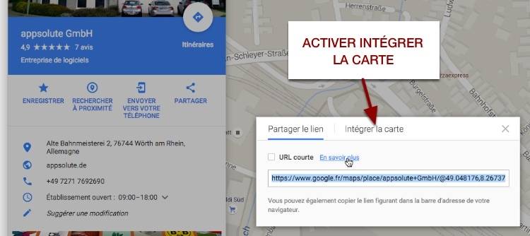 Fenêtre de partage d'une Google Map