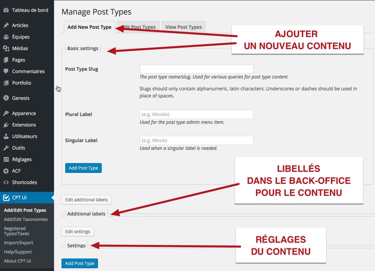 Pour ajouter un nouveau contenu dans Custom Post Type UI