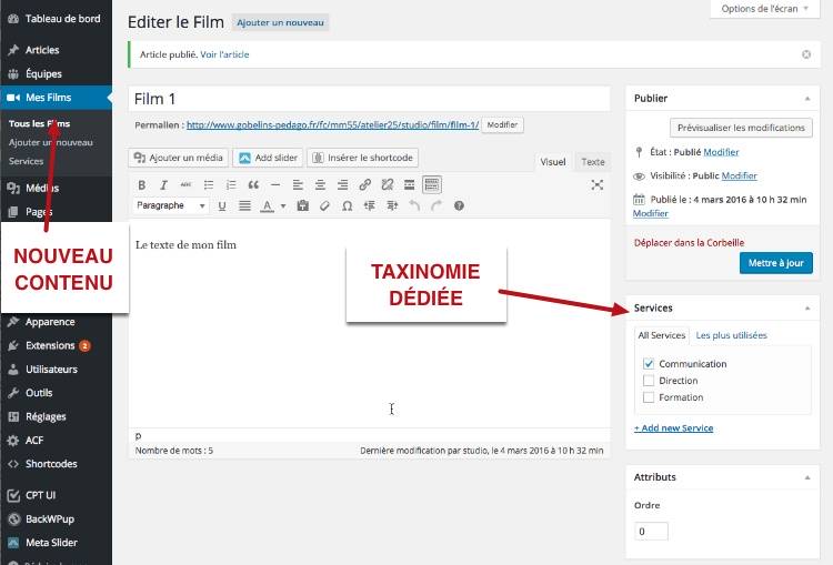 Nouveau contenu personnalisé dans le back-office WordPress