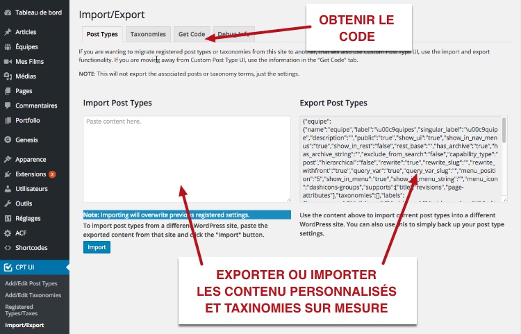 Import / Export de vos réglages dans Custom Post Type UI