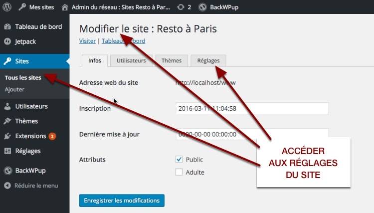 Accéder aux réglages du site dans le réseau WordPress