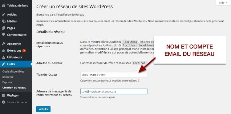 Nom du réseau WordPress et adresse email principale