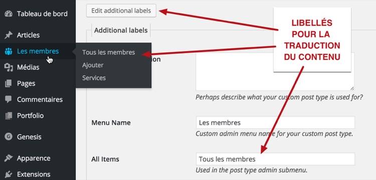 Editer les libellés de mon contenu personnalisé dans WordPress