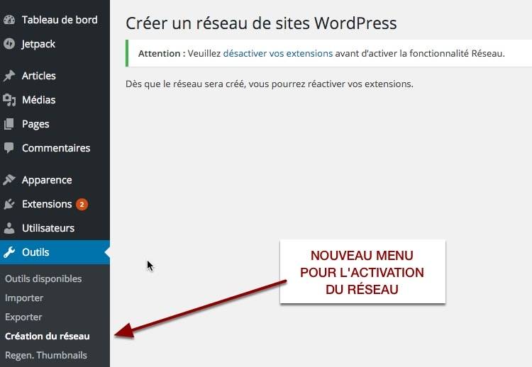 Lancement du réseau WordPress dans le back office