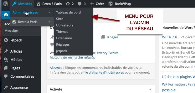 Nouveau menu Réseau dans le tableau de bord WordPress