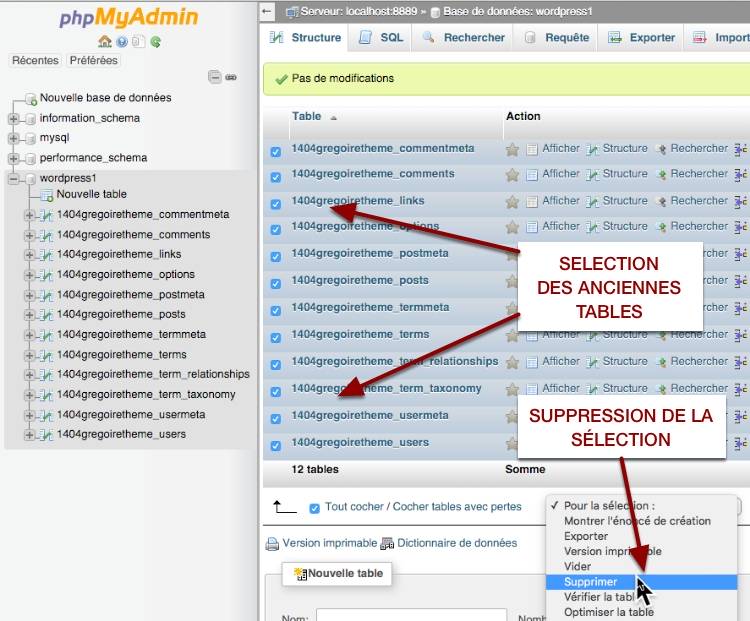 supprimer les tableaux WordPress dans la base de donnée