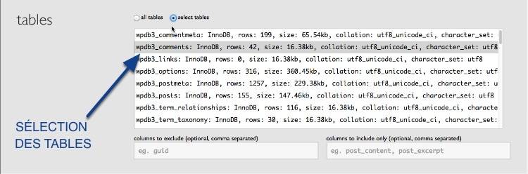 Sélection des tables dans le script Interconnectit pour migrer WordPress