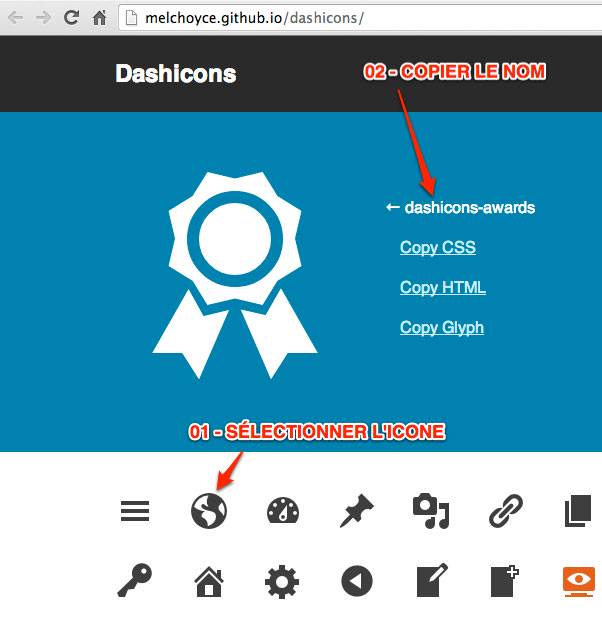 Choix de l'icone dans la bibliothèque Dashicon