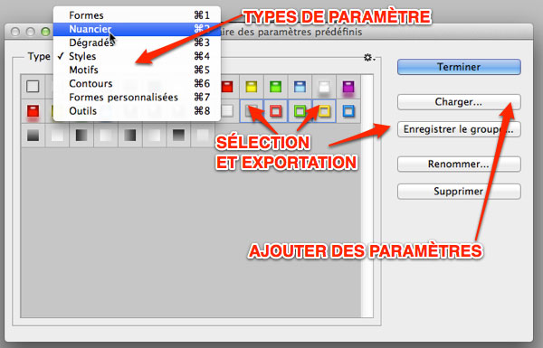 Capture: Fenêtre des paramètres prédéfinis dans Photoshop CS6