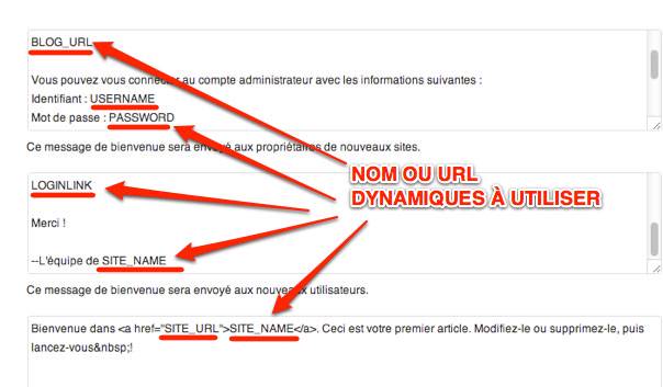 Capture: Messages de bienvenue sur le réseau WordPress