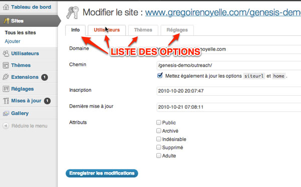 Capture: Réglage des sites sur le réseau WordPress