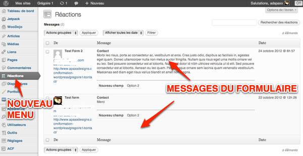 Capture: Liste des messages du formulaire Jetpack