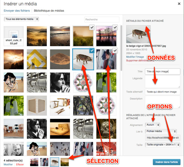 Capture: Options de WordPress 3.5 au moment de l'insertion des fichiers