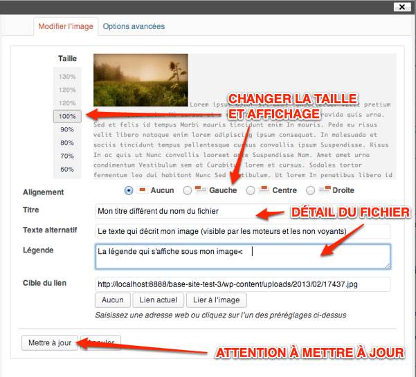 Capture: Fenêtre pour modifier une image dans WordPress