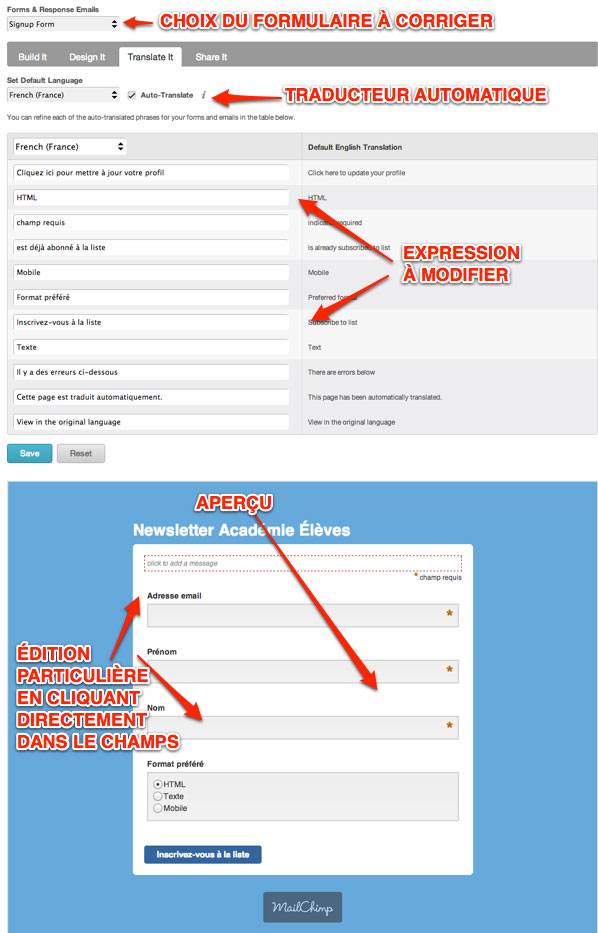 Capture: Interface de traduction de formulaire dans Mailchimp