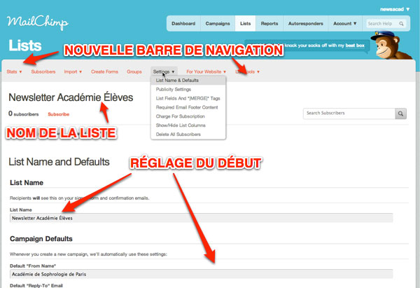 Capture: Modifier en détail votre liste Mailchimp