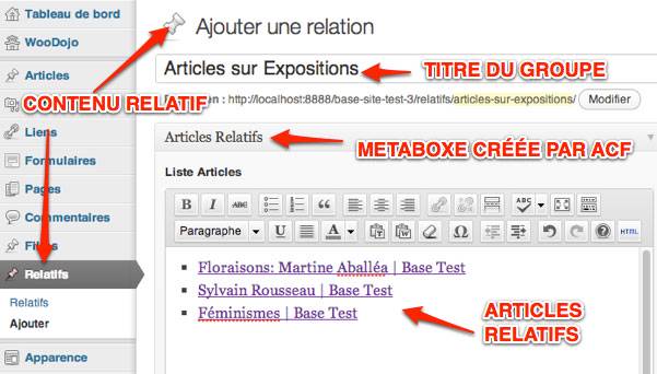 Capture: Liste d'article dans zone Advanced Custom Field