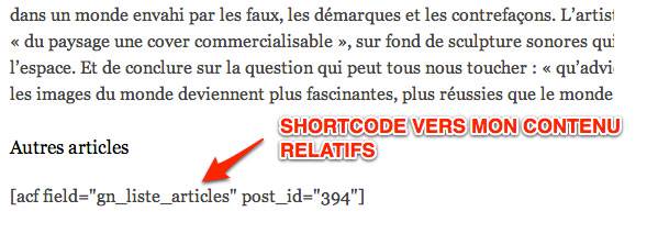 Capture: shortcode Advanced Custom Field dans le contenu