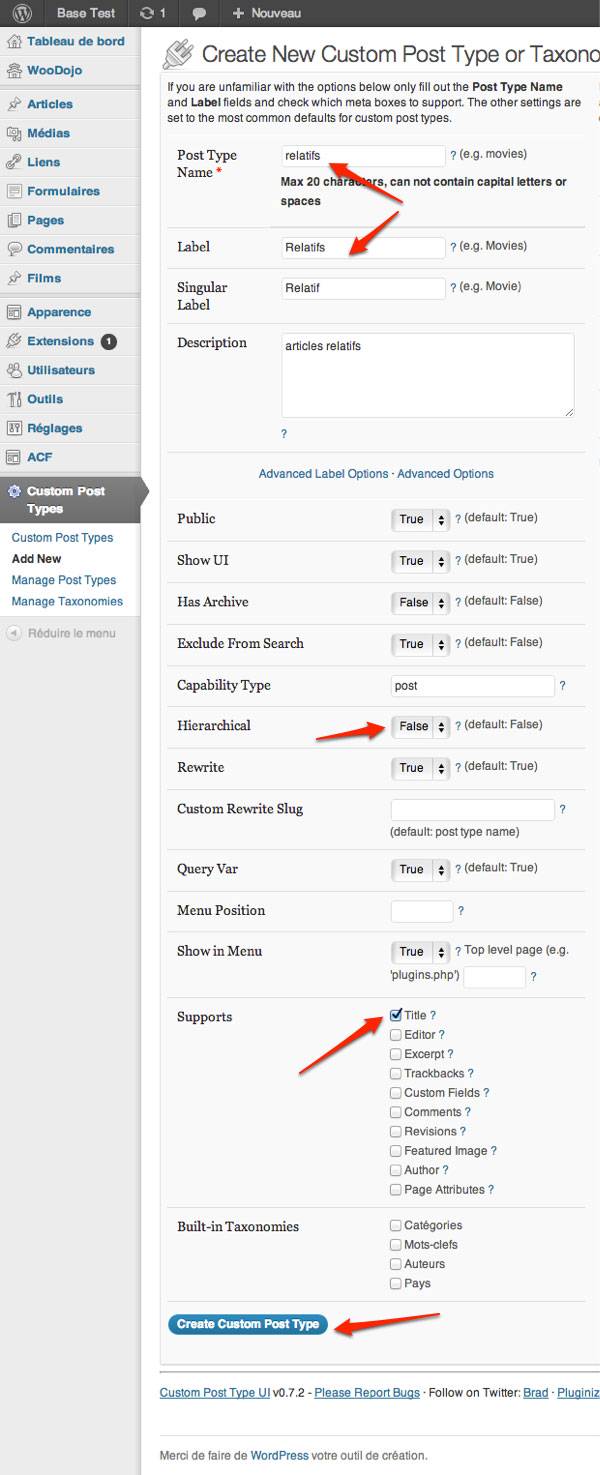 Capture: Nouveau contenu relatif avec Custom Post UI dans WordPress