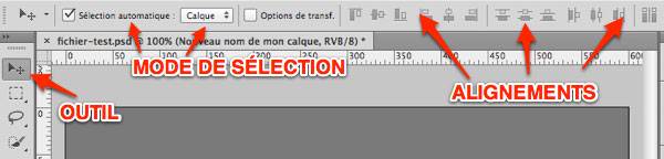 Capture: Outil sélection dans Photoshop CS6 et barre d'applicatoin