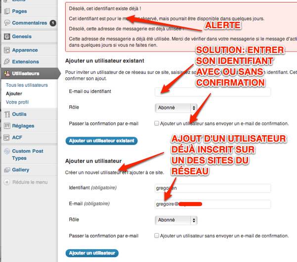 Capture: Ajouter sur le réseau WordPress un utilisateur existant