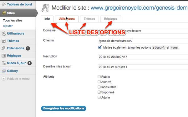 Capture: Réglage des sites sur le réseau WordPress