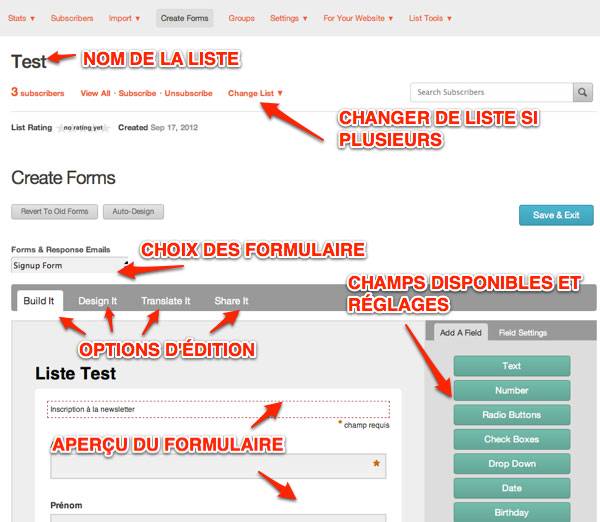 Capture: Interface pour créer les formulaires dans Mailchimp