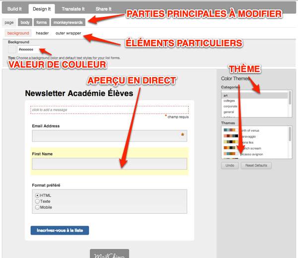 Capture: Partie Design It dans les formulaires de Mailchimp