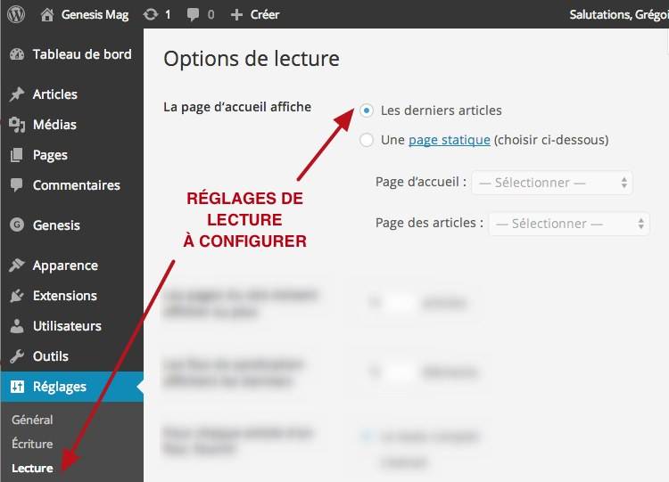 capture: Réglage de lecture WordPress pour une page d'accueil Genesis