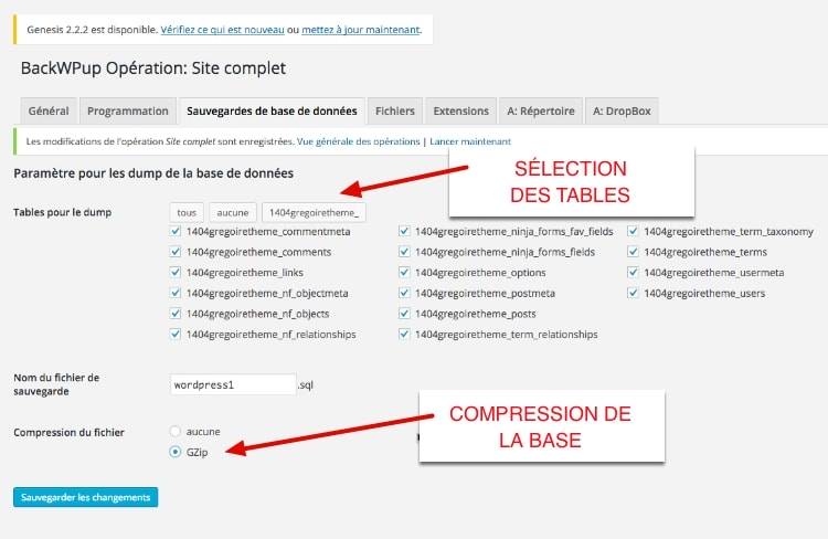 capture: Sélectionner les tables dans BackWPUp pour WordPress