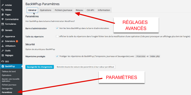 Réglages avancés pour BackWPUp