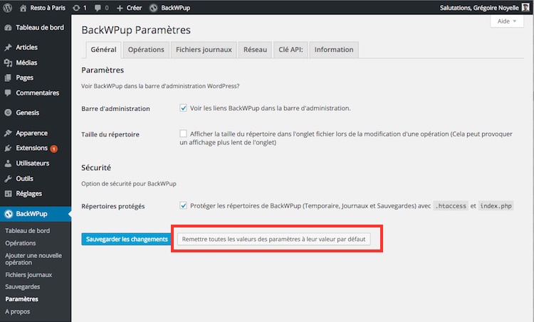 Backwpup WordPress restaurer les réglages par défaut.