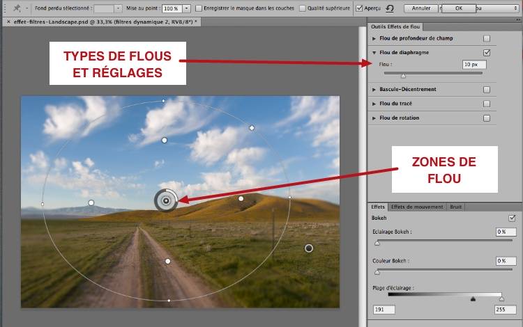 Fenêtre pour les effets de flou dans Photoshop