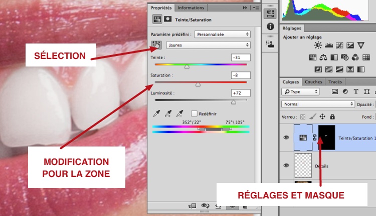 capture: Faire les réglages sur les dents avec Teinte Saturation dans Photoshop