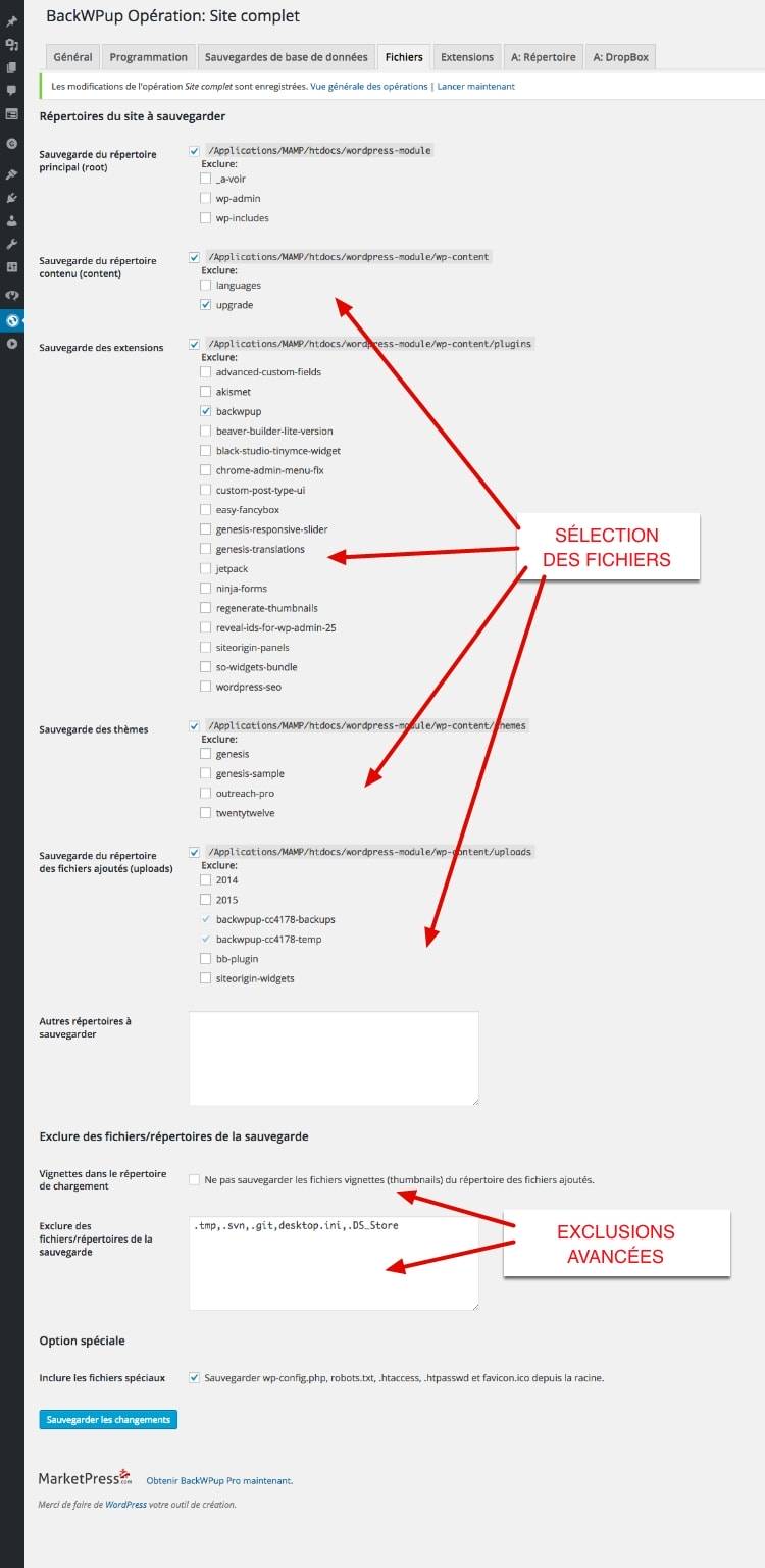 capture: Sélectionner les fichiers dans BackWPUp pour WordPress