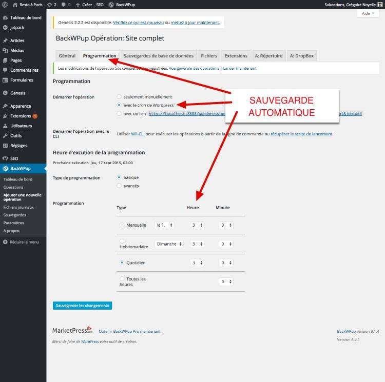 capture: Programmation des sauvegardes dans BackWPUp pour WordPress