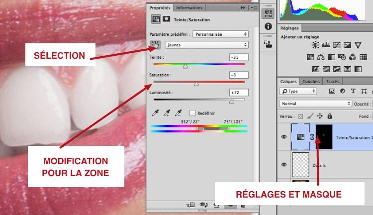 capture: Faire les réglages sur les dents avec Teinte Saturation dans Photoshop