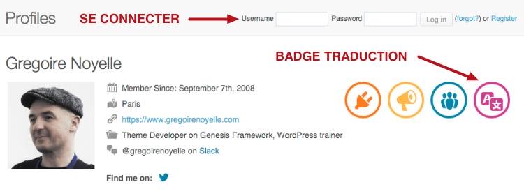 capture: badge de traduction sur le site de WordPress