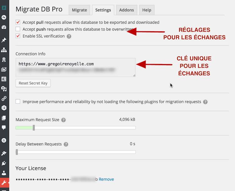 Réglages dans Migrate DB Pro