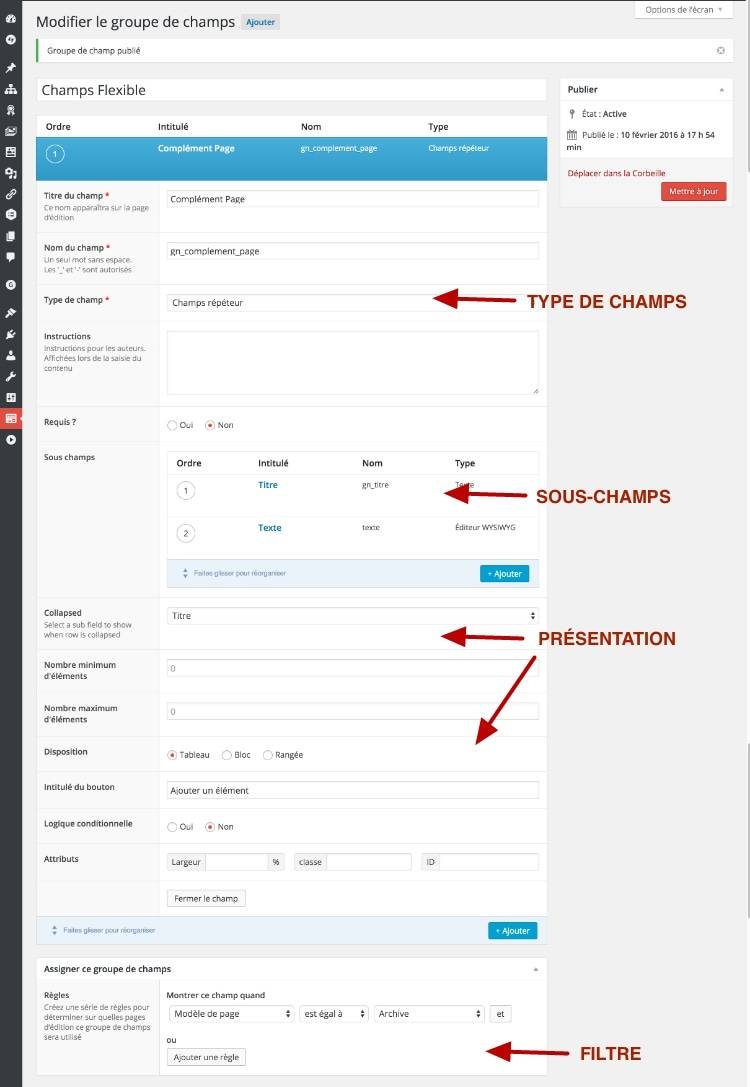 Réglages du champ Répéteur dans l'interface d'ACF