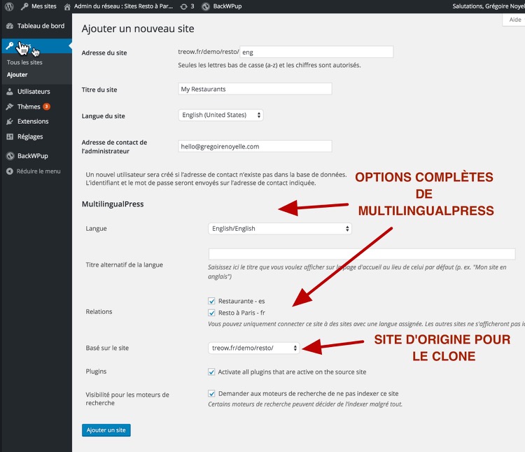 Options de MultilingualPress pour ajouter un nouveau site dans le réseau WordPress