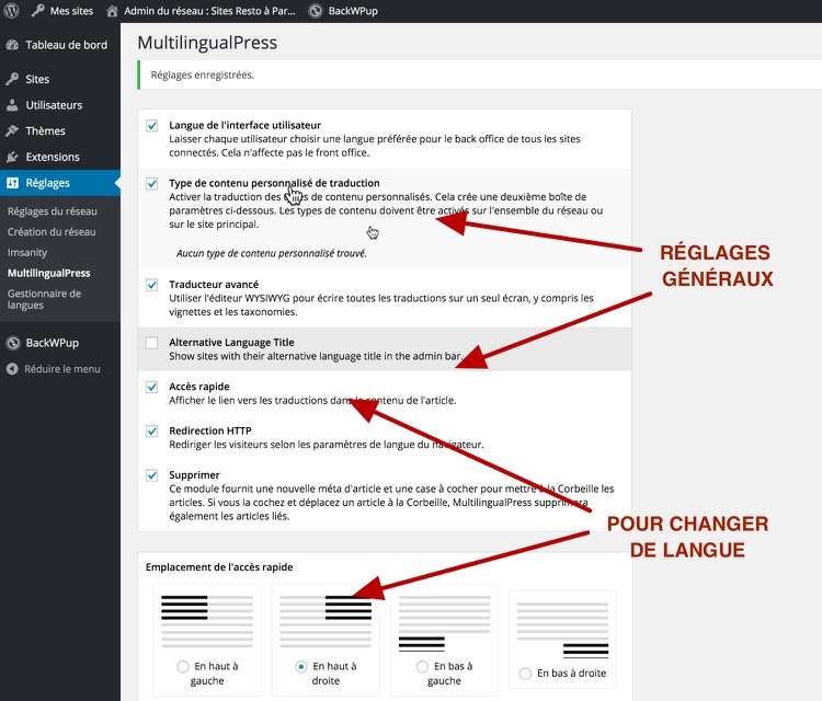 Réglage de base de MultilingualPress dans WordPress