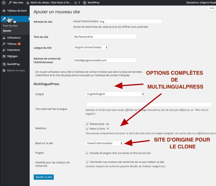 Options de MultilingualPress pour ajouter un nouveau site dans le réseau WordPress