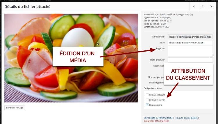 Réglages de chaque média dans la bibliothèque de médias WordPress