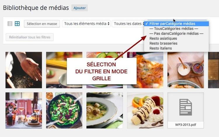 Filtre de Enhanced Media Library dans la page média en mode grille