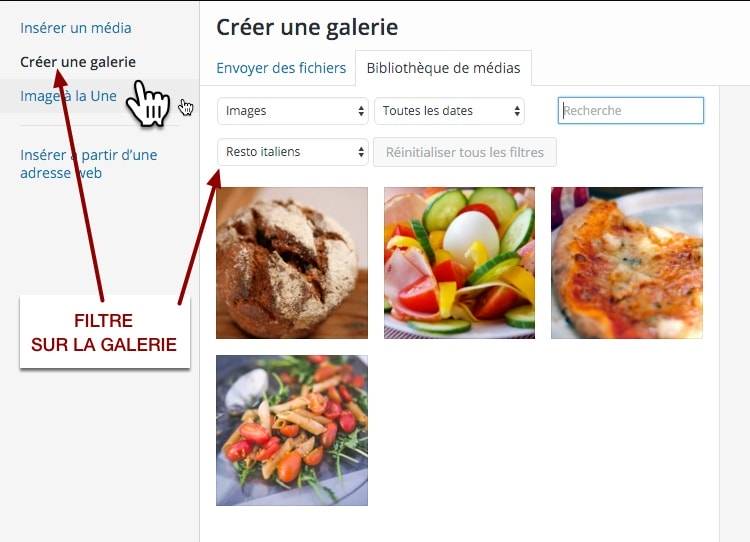 Filtre de Enhanced Media Library dans la fenêtre d'insertion de médias WordPress pour les galeries