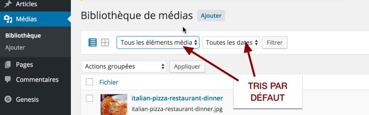 Tri par défaut dans la bibliothèque de médias WordPress